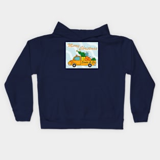 Greeting card with lettering front on yellow Santa truck, presents and Christmas tree Kids Hoodie